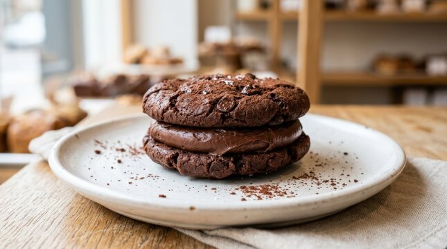 Chocolate cookie sandwich with creamy chocolate filling in close-up, indulgent dessert texture, bakery sweet treat, clean food styling, no logos