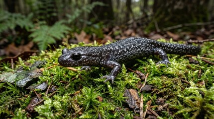 Fototapeta premium South Carolina slimy salamander on moss, detailed amphibian macro with glossy skin, lush green texture and woodland habitat atmosphere for herpetology and nature themes, soft natural light, crisp