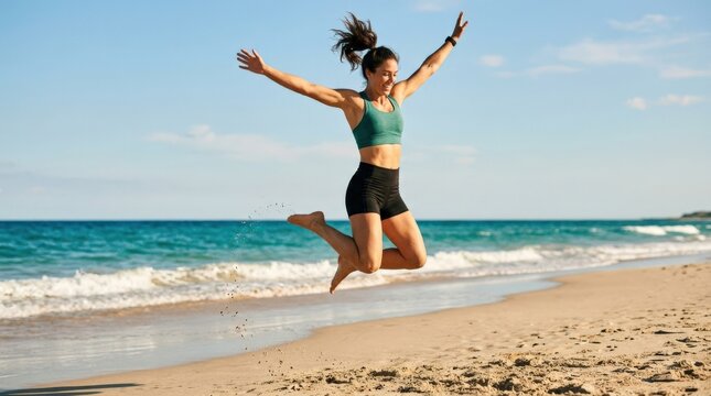 Fit woman jumping at the beach during summer vacation, energetic fitness, freedom, healthy lifestyle and seaside workout concept for sports branding and wellness campaigns, athletic female leaping on