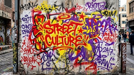 Obraz premium Urban graffiti wall in red, yellow and purple paint with drips and rough texture, bold street culture background for posters, city visuals and youth branding, layered mural marks, distressed concrete