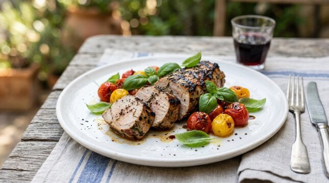 Grilled pork with cherry tomatoes and fresh basil on a white plate, savory meat entree, Mediterranean flavor concept, elegant meal presentation, crisp detail, no logos