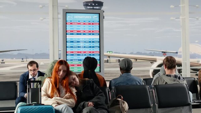 Worried tourists in airport distressed by plane delays shown on departure board screen. Passengers alarmed by canceled flights announcement on electronic schedule display, berating airline company