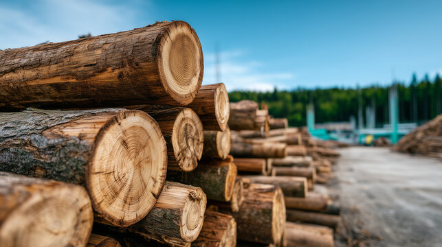 Lumber Log Stack: A detailed perspective of stacked lumber logs, freshly cut and ready for processing. Displaying raw materials.