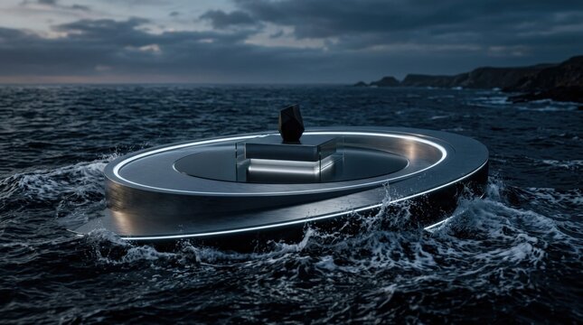Circular platform emerging from dark waves in a lighted setting, futuristic product display podium with dramatic water motion and sleek minimal composition, cinematic lighting, no logos