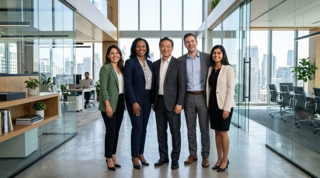 Confident diverse business team of colleagues posing together in a modern office, leadership, teamwork, workplace diversity, success and executive unity in a polished professional environment with