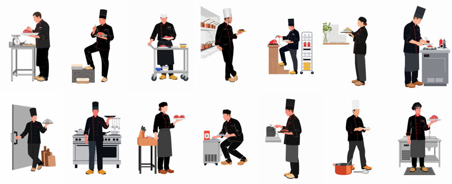 Collection of diverse vector illustrations showing professional chefs in various kitchen settings, preparing food, cooking, and plating dishes in black uniforms.