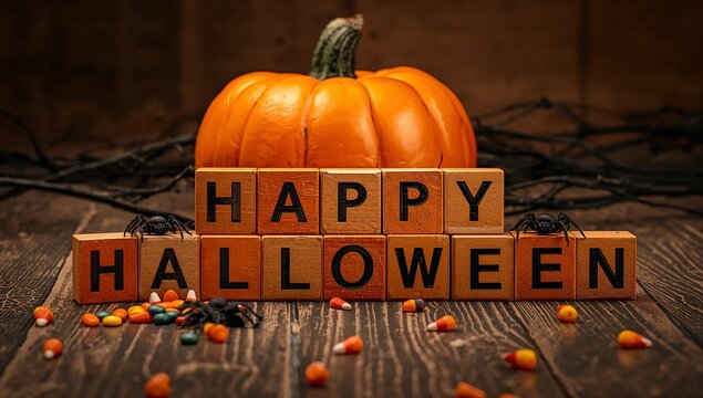 Pumpkin and wooden blocks spelling happy halloween with candy corn