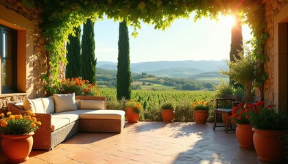 Naklejka premium Terrace with sofa offers scenic vineyard views. Sunlight shines on Italian countryside landscape. Wicker furniture, potted flowers create cozy outdoor seating area for relaxation. Mountains rise on
