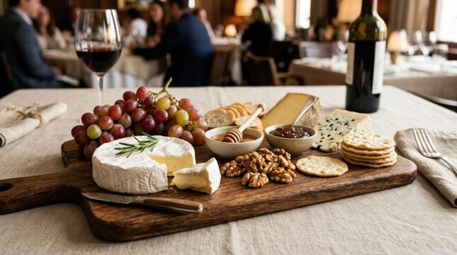 Gourmet cheese platter with grapes, walnuts and camembert, elegant appetizer board for entertaining and fine dining, rich textures and appetizing presentation, realistic detail, no logos