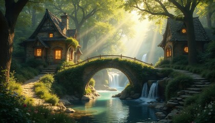 Naklejka premium Fairytale forest scene shows stone bridge over stream waterfall. Sunlight streams through trees illuminating cozy houses. Lush green nature provides peaceful, magical atmosphere.