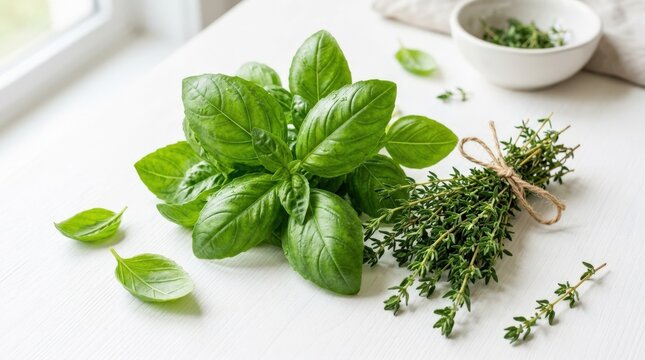 Collection of fresh herb leaves with thyme and basil on a white table, premium food design element for recipes, menus and organic cooking branding, crisp green texture, clean composition, soft shadow,