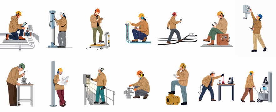 Set of flat vector illustrations of industrial workers in safety gear performing various technical and maintenance tasks in a factory or plant environment.