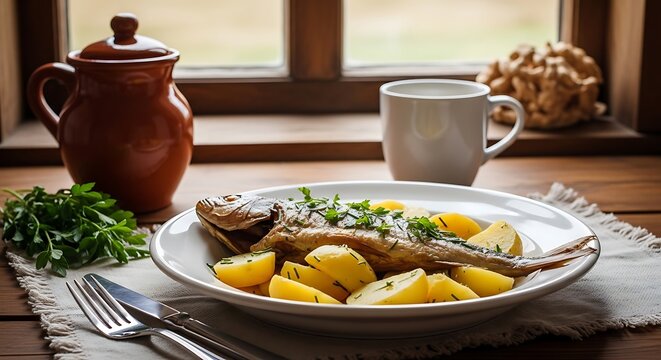 Grilled fish with roasted potatoes and fresh herbs served on a plate by a sunny kitchen window. ryba danie