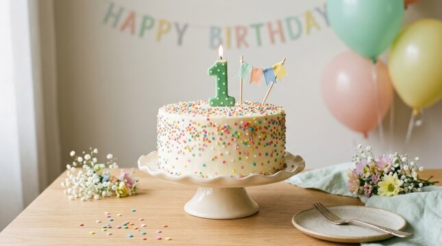 Whimsical birthday cake topped with multicolored confetti and a green number one candle, minimalist celebration still life with playful pastel styling, no logos
