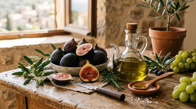 Still life arrangement of figs and olive oil on a rustic table, elegant Mediterranean ingredient scene with organic textures and warm natural light, realistic detail, no logos