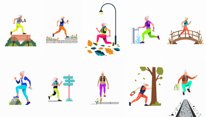 Fototapeta premium Collection of flat vector illustrations depicting active senior women running and jogging in various outdoor environments, promoting health and vitality in later life.