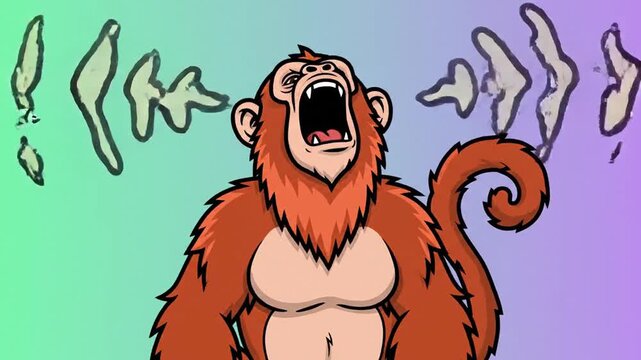 A cartoon monkey with an open mouth and expressive eyes, shouting loudly with sound waves emanating from its head