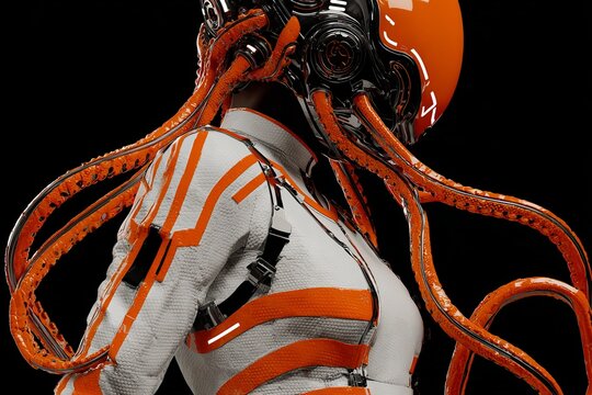 Vibrant cyberpunk artwork of an alien woman in latex armor with tentacles and biomechanical features