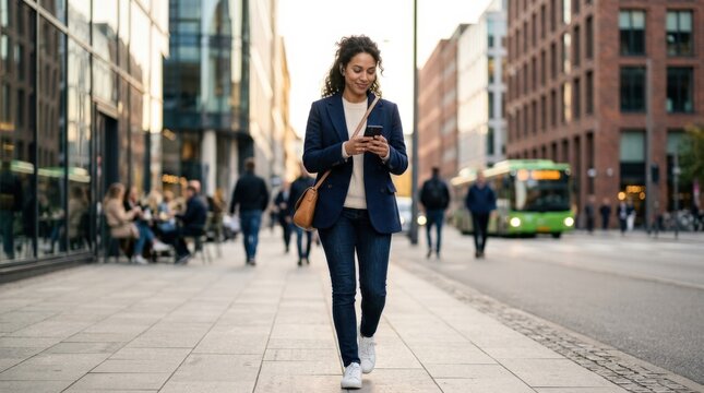Woman checking phone in the city, connected urban lifestyle, everyday communication, mobility and modern routine concept for telecom campaigns, editorial use and social branding, candid street