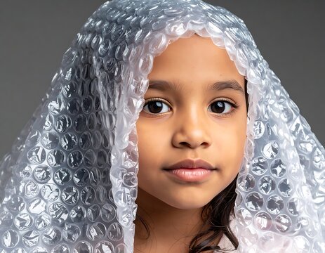 Young girl wrapped in bubble wrap.