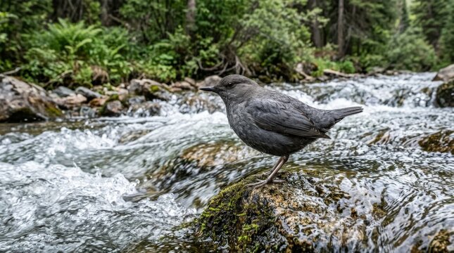 Side view of an American Dipper wading in a river, freshwater bird scene with moving water, natural rocks and detailed plumage, strong stock value for wildlife, ecology and birding searches, natural