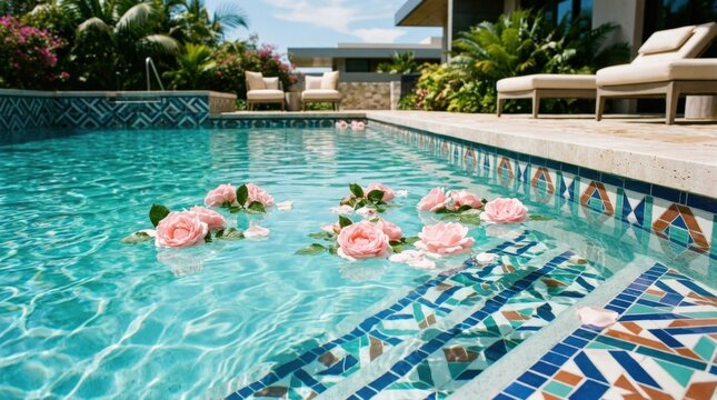 Delicate pink roses floating on turquoise pool with geometric tile reflections, romantic floral composition with modern poolside aesthetic, bright daylight, no logos