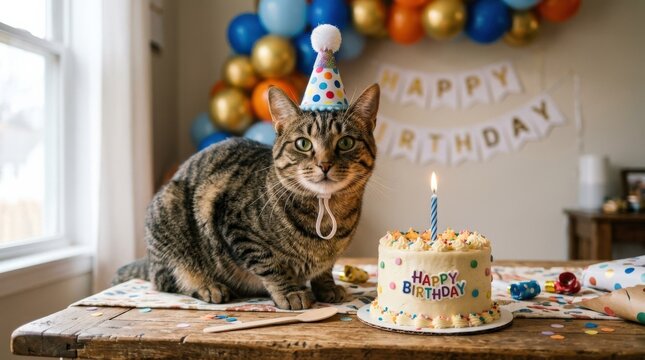 Tabby cat wearing party hat beside small birthday cake, playful pet celebration portrait, cute festive scene, soft light, realistic detail, no logos