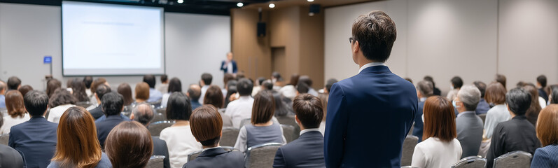 Fototapeta premium Conference Overview: A wide shot capturing the essence of a conference, with a speaker addressing a large audience. The image encapsulates engagement, information sharing, and professional growth.