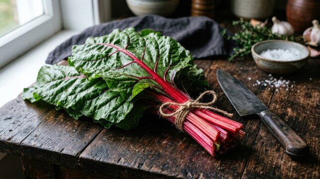 Fresh Swiss chard bunch with red stems tied with string on dark wooden surface, organic leafy vegetable with knife in rustic food background for healthy cooking and vibrant produce styling, natural