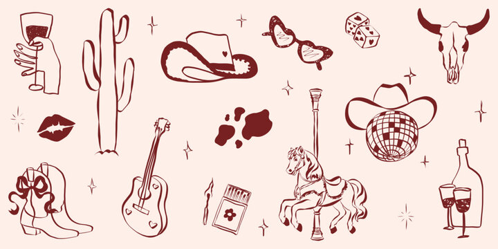 Cowgirl disco party essentials with pink cowboy hats, boots and horseshoes. Retro western doodle set featuring girly illustrations, guitars, and bachelorette celebration icons.