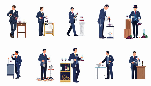 Vector illustration set of professional sommelier characters performing various wine service duties such as pouring, decanting, and presenting bottles in formal attire.