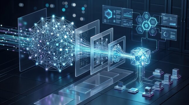 AI model compression for enterprise efficiency, machine learning optimization, knowledge distillation, smaller faster deployment and scalable inference concept, clean abstract technology visualization