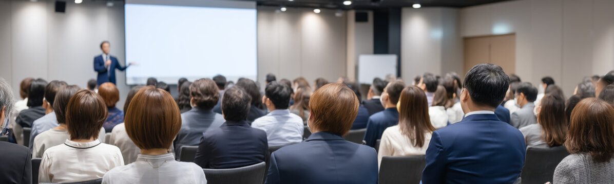 Engaging Presentation: A captivating presentation unfolds as a speaker commands attention on stage, addressing a rapt audience in a modern conference room setting.