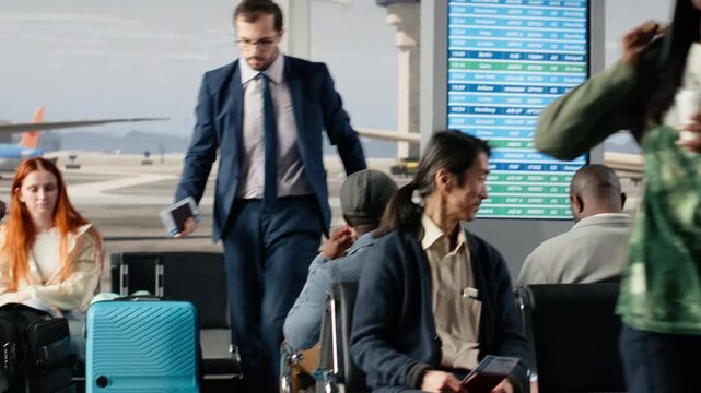 African American woman in airport hub chatting before going to boarding gate. Travelers in lounge talking, enjoying discussion, interrupted by boarding call, standing up from chairs
