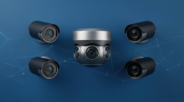 Surveillance cameras on a blue background, privacy and monitoring concept with multiple lenses watching, clean security symbolism for data control, public safety, no privacy and smart city technology