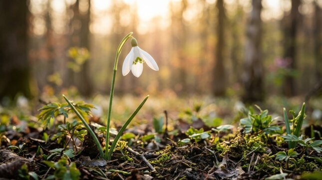 Single white snowdrop blooming in forest clearing with warm sunset light and soft background blur, early spring woodland flower concept with natural backlight, delicate petals and fresh seasonal