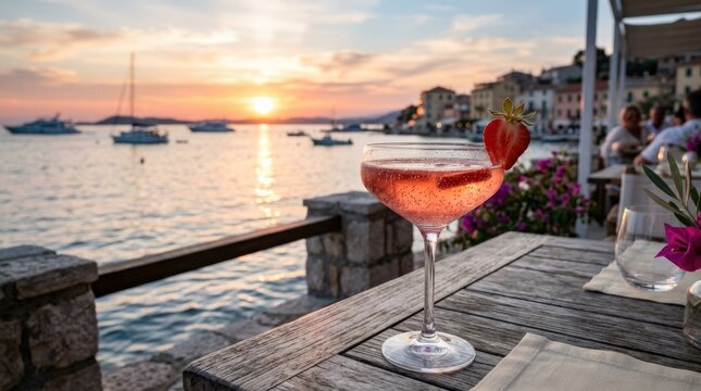 Strawberry champagne cocktail at sunset by the water, elegant sparkling drink concept with soft golden light and refined leisure atmosphere, realistic detail, no logos