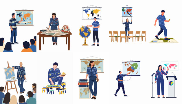 Collection of Flat Vector Illustrations Featuring People Teaching, Learning, and Presenting Geography with World Maps, Globes, and Educational Tools