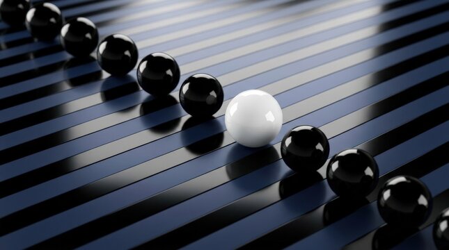 Glossy balls on striped surface with one white ball breaking pattern, modern abstract concept with contrast, rhythm and standout individuality for branding, design and editorial themes in a sleek
