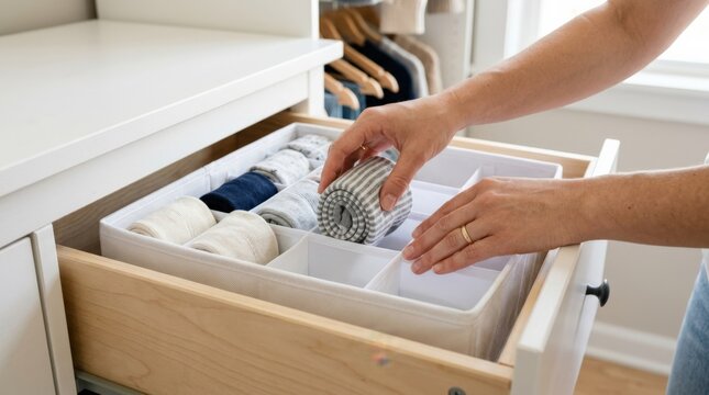 Hands place rolled socks into empty white drawer organizer for simple closet declutter and daily wardrobe routine at home, practical home or renovation concept, clean commercial styling, natural