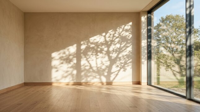 Modern empty room with sunlight and tree shadow, beige plaster wall and wooden floor interior background, minimalist living room mockup, soft natural light, no logos