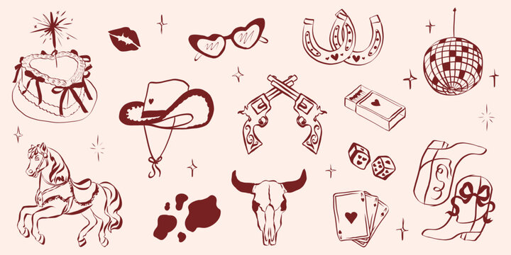 Cowgirl disco party essentials with pink cowboy hats, boots and horseshoes. Retro western doodle set featuring girly illustrations, playing cards and bachelorette celebration icons