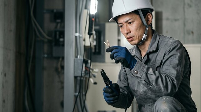 日本人電気工事士の40代男性が工具を用いて電線の配線作業をしている屋内建設現場の様子、ペンチを持つ手元と右側の背景余白