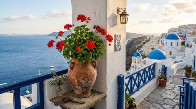 Potted plant in an old vase on a Santorini balcony, charming Mediterranean still life for travel, home decor, summer lifestyle and coastal design themes, whitewashed walls, blue accents, soft
