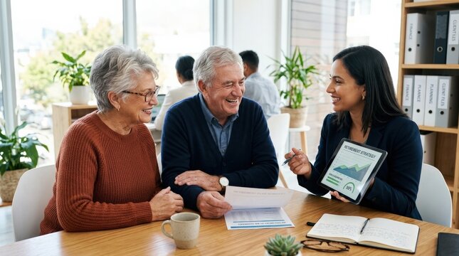 Senior couple smiling during financial advice with a consultant, trusting retirement planning scene with warmth, clarity and modern personal finance guidance in a bright office, natural light,