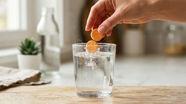 Hand dropping two orange effervescent tablets into a glass, close up vitamin and wellness concept for supplements, hydration, healthcare and product advertising, clean composition, photorealistic,