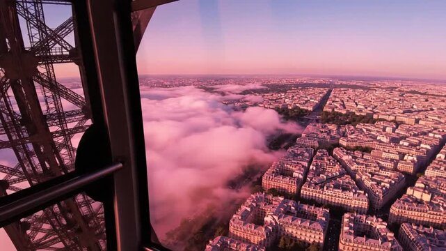 Cinematic Aerial View Of The Eiffel Tower Structure Rising Above A Thick Sea Of Pink Clouds Over The Paris City Skyline At Sunset