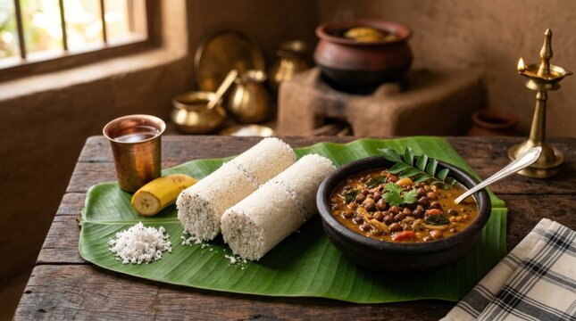 Kerala puttu with kadala curry, traditional South Indian breakfast with steamed rice cylinders and black chickpea curry, authentic regional cuisine scene for menu design and food blogging themes, warm