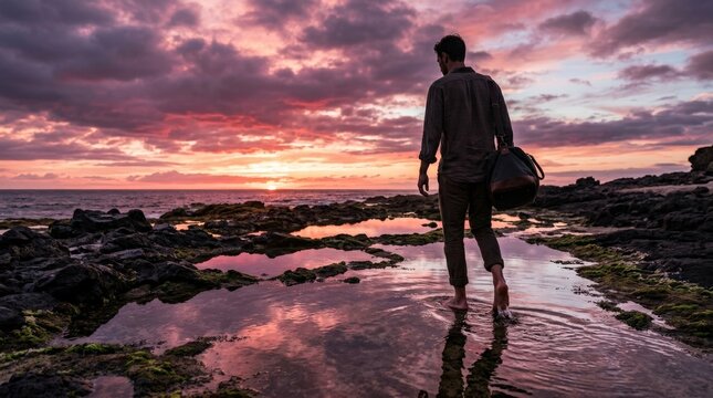 Man walking barefoot through tide pools at pink and purple sunset, cinematic coastal travel lifestyle with reflective water, moody sky and relaxed exploration, premium tourism concept, realistic