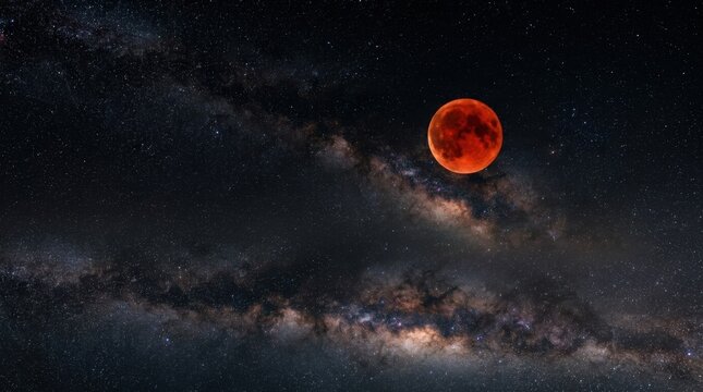 Total lunar eclipse blood moon wide composition, dramatic celestial event with expansive night sky framing and strong stock value for astronomy, science and nature themes, vivid red moon, clean dark